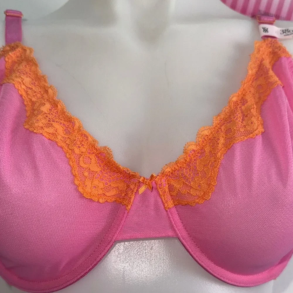 Victoria's Secret Pink and Orange Lace Bra Sz 38DD NWT